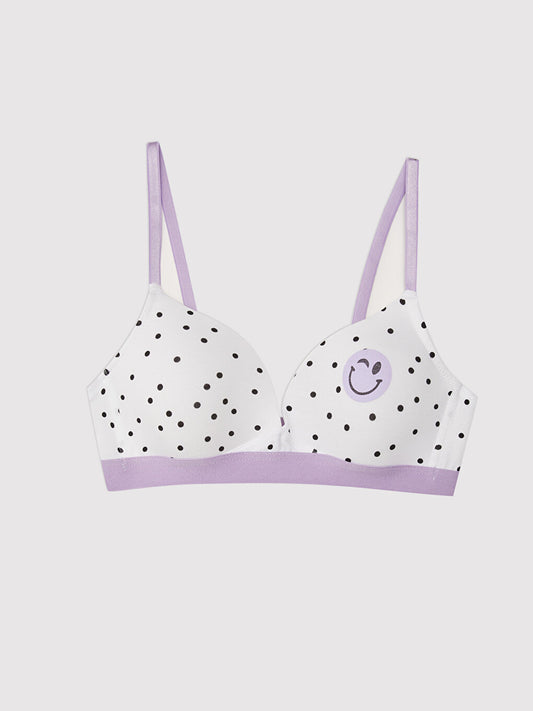 Non-wired, unpadded, polka dot bra