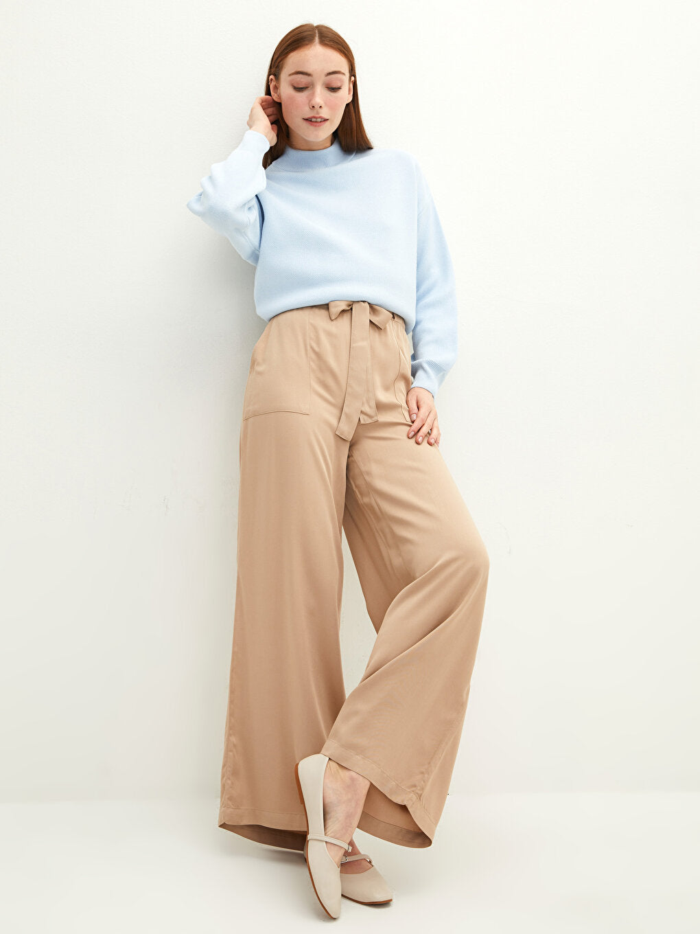 Viscose Women's Palazzo Trousers with Elastic Waist Straight Pocket Detail