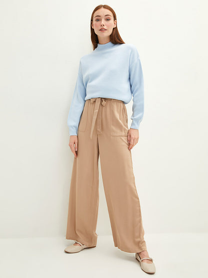 Viscose Women's Palazzo Trousers with Elastic Waist Straight Pocket Detail