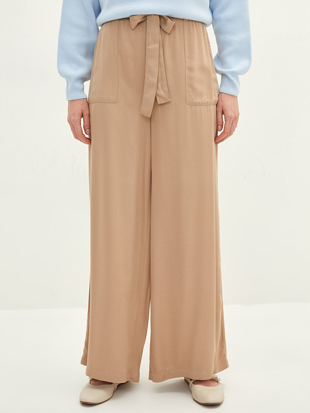 Viscose Women's Palazzo Trousers with Elastic Waist Straight Pocket Detail