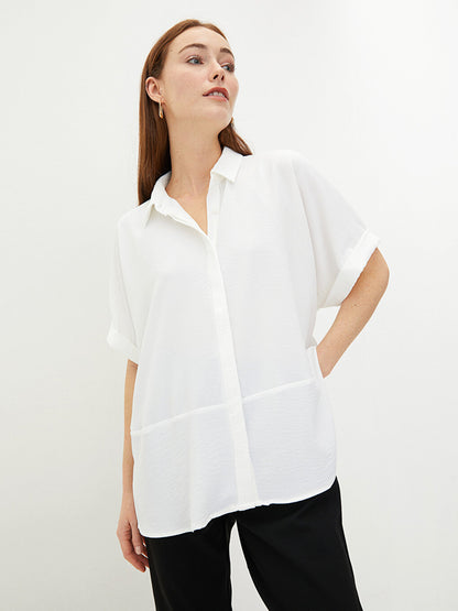 Front Button Closure Plain Short Sleeve Crepe Fabric Women's Shirt