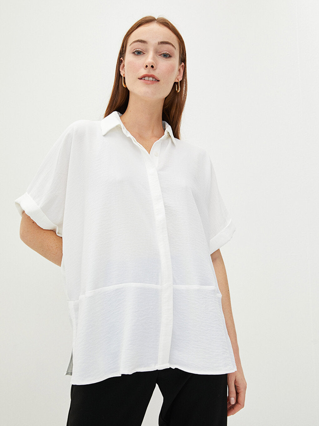 Front Button Closure Plain Short Sleeve Crepe Fabric Women's Shirt