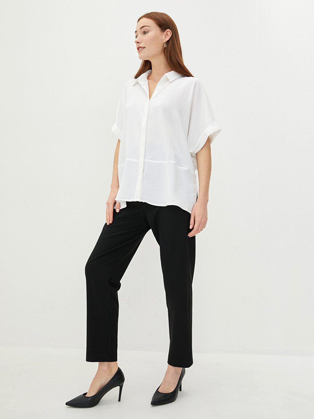 Front Button Closure Plain Short Sleeve Crepe Fabric Women's Shirt