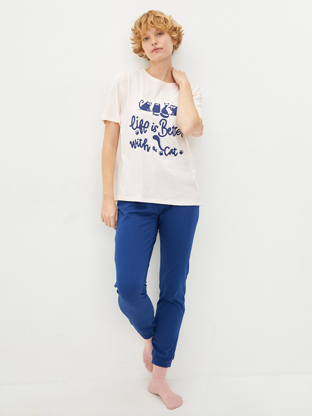 Crew Neck Printed Short Sleeve Women's Cotton Pajama Set