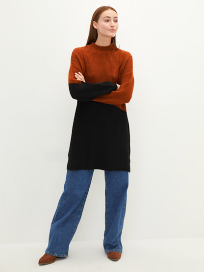 Half Turtleneck Color Blocked Long Sleeve Women's Knitwear Tunic