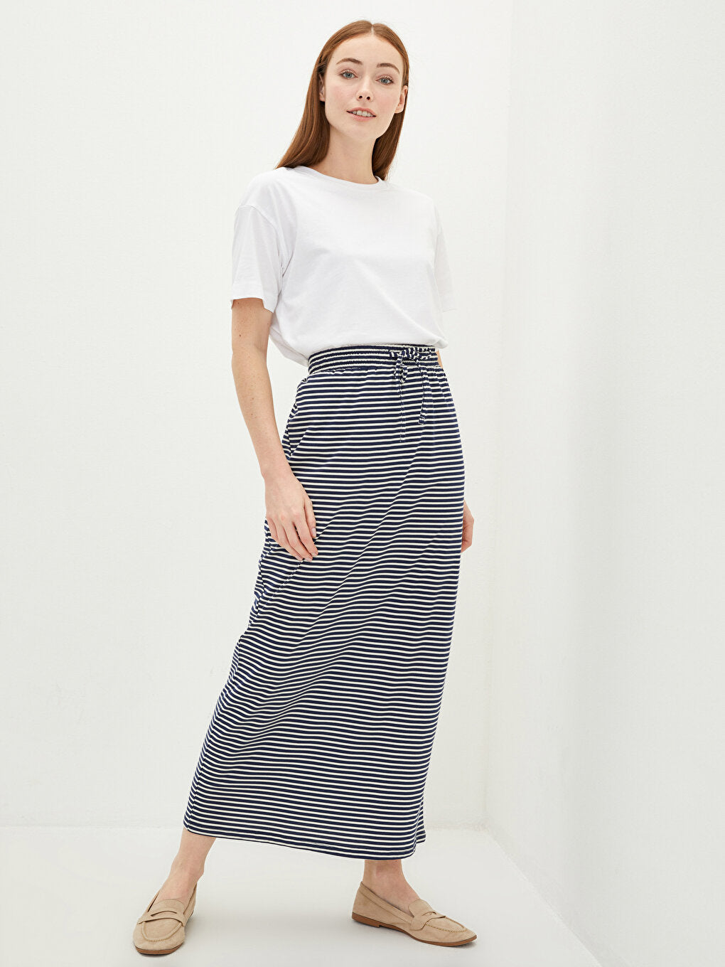 Women's Cotton Skirt with Elastic Waist and Striped Tie Detail