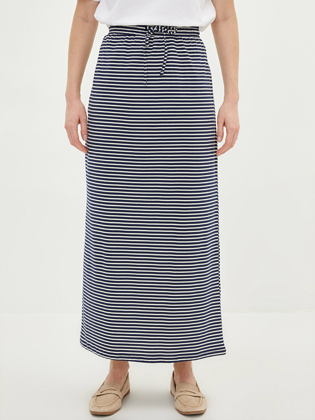 Women's Cotton Skirt with Elastic Waist and Striped Tie Detail