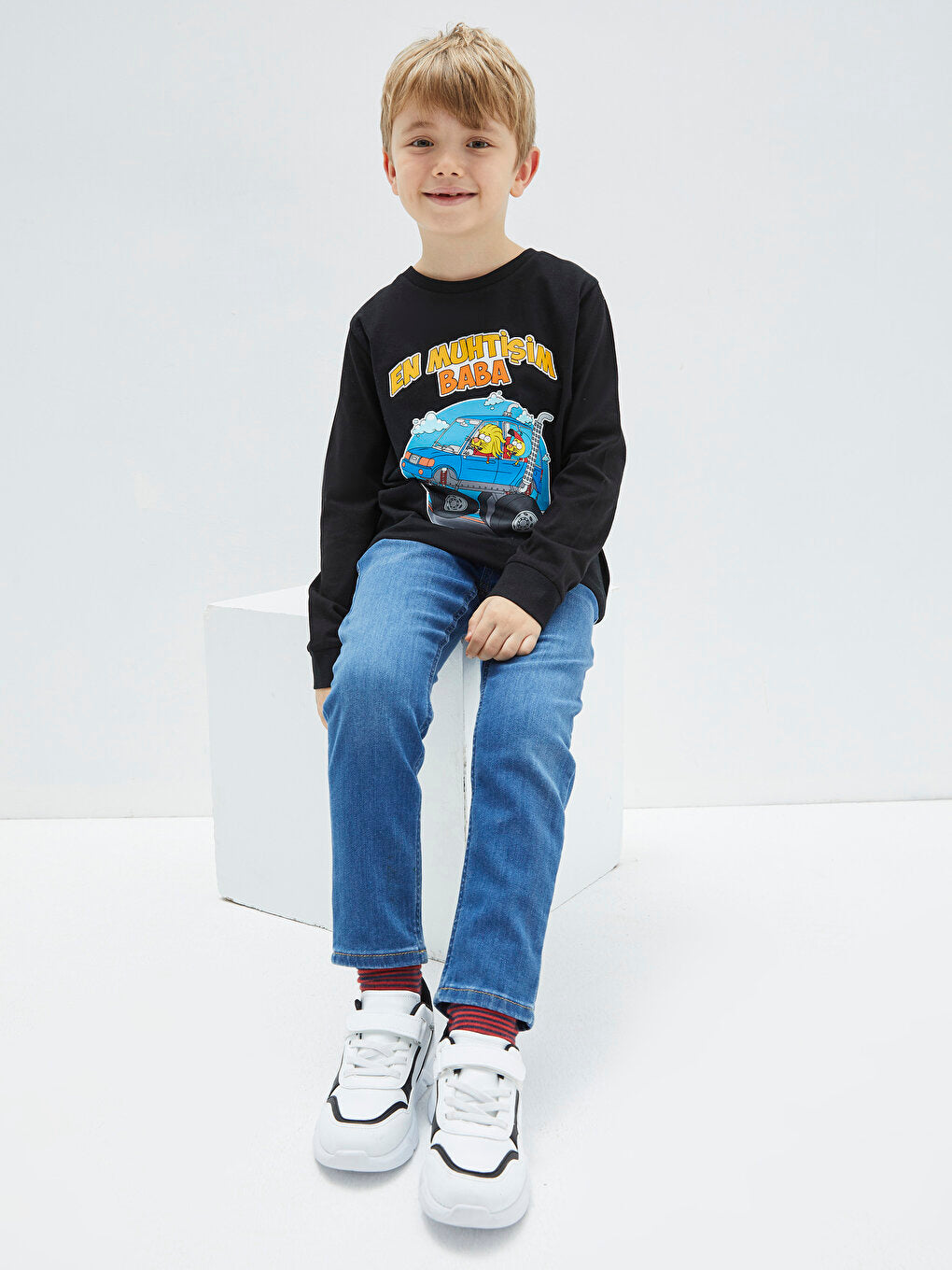 Crew Neck Kral Şakir Printed Long Sleeve Boy's Sweatshirt