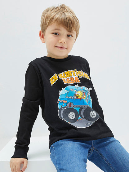 Crew Neck Kral Şakir Printed Long Sleeve Boy's Sweatshirt