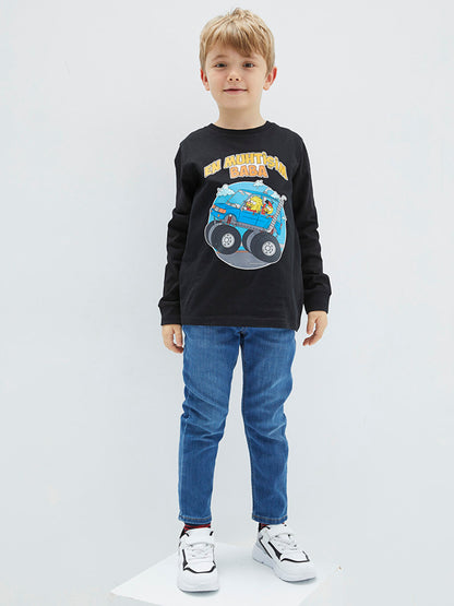 Crew Neck Kral Şakir Printed Long Sleeve Boy's Sweatshirt