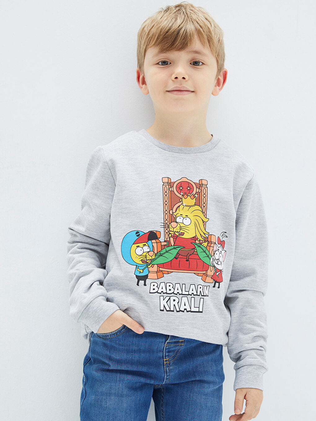 Crew Neck Kral Şakir Printed Long Sleeve Boy's Sweatshirt