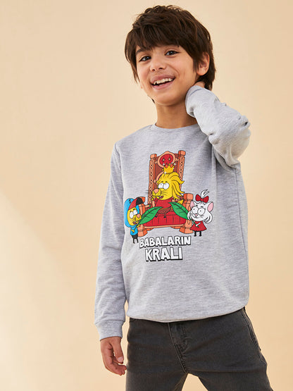 Crew Neck Kral Şakir Printed Long Sleeve Boy's Sweatshirt