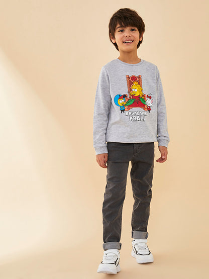 Crew Neck Kral Şakir Printed Long Sleeve Boy's Sweatshirt