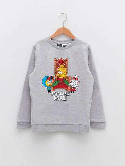 Crew Neck Kral Şakir Printed Long Sleeve Boy's Sweatshirt