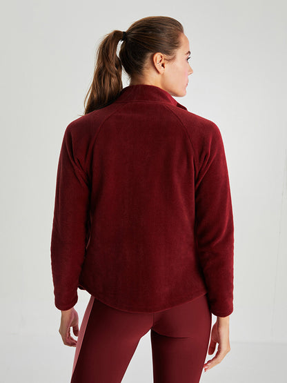 High Collar Plain Pocket Detailed Long Sleeve Fleece Women's Sports Cardigan