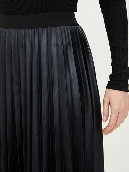 Straight Pleated Women's Leather Look Skirt with Elastic Waist