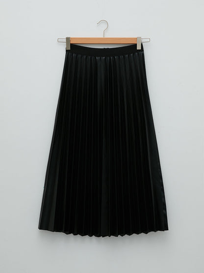 Straight Pleated Women's Leather Look Skirt with Elastic Waist