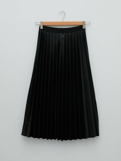 Straight Pleated Women's Leather Look Skirt with Elastic Waist