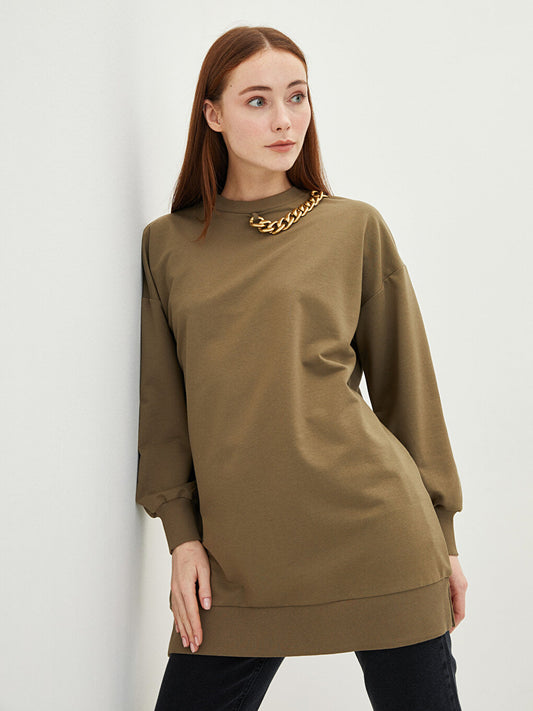 Crew Neck Plain Long Sleeve Women's Sweatshirt Tunic