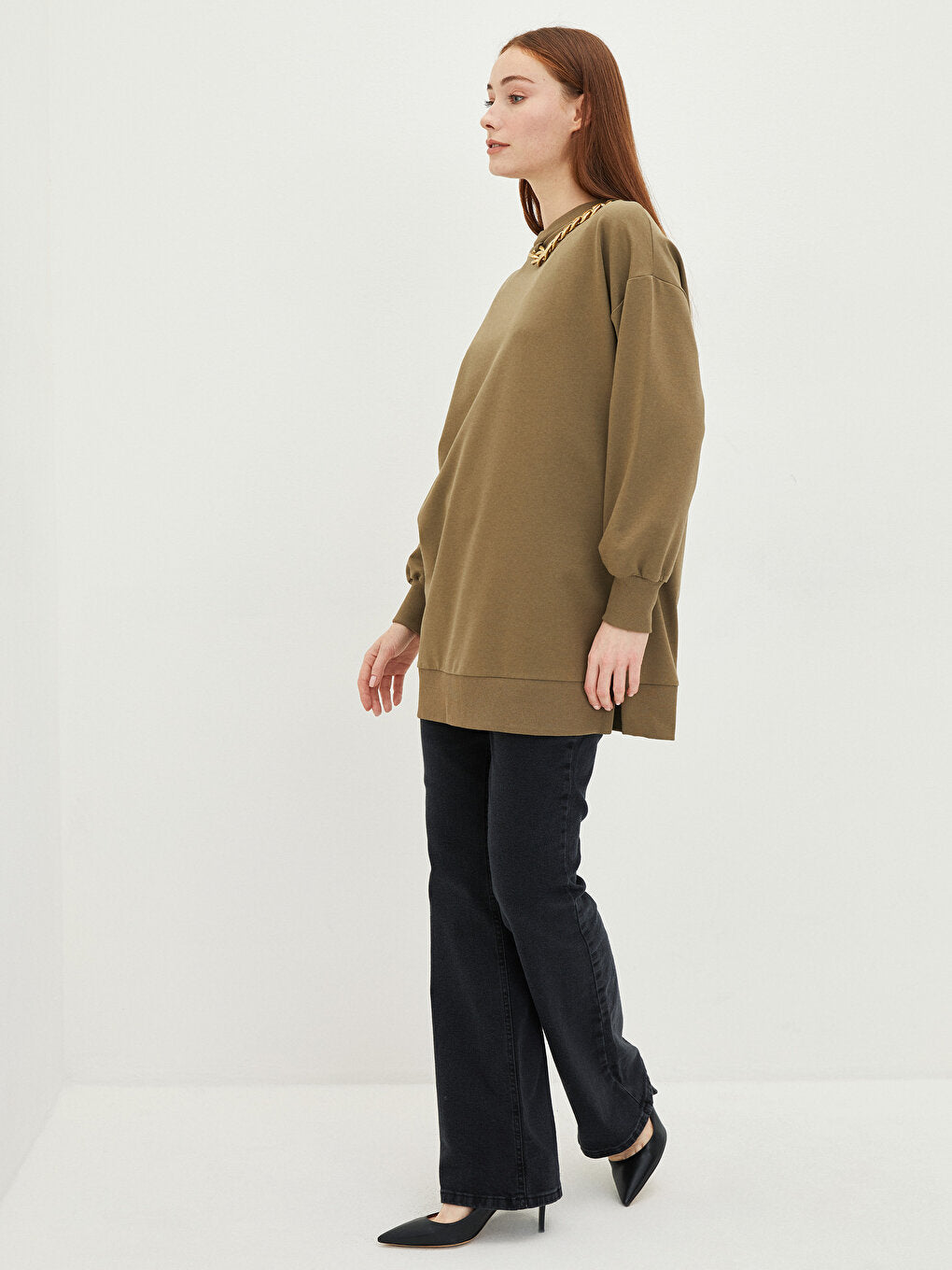 Crew Neck Plain Long Sleeve Women's Sweatshirt Tunic