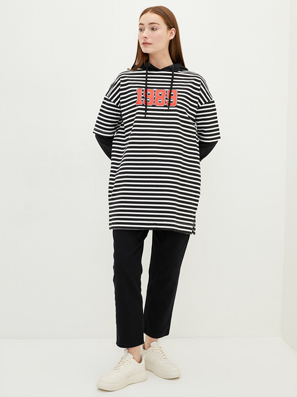 Hooded Striped Long Sleeve Women's Sweatshirt Tunic