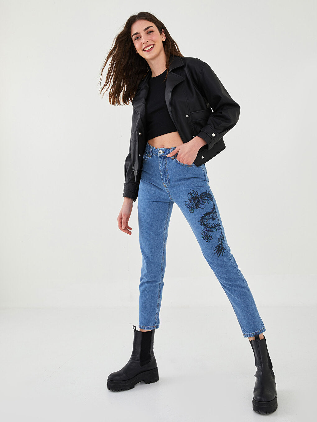 Comfortable Fit Printed Pocket Detailed Women's Jean Trousers