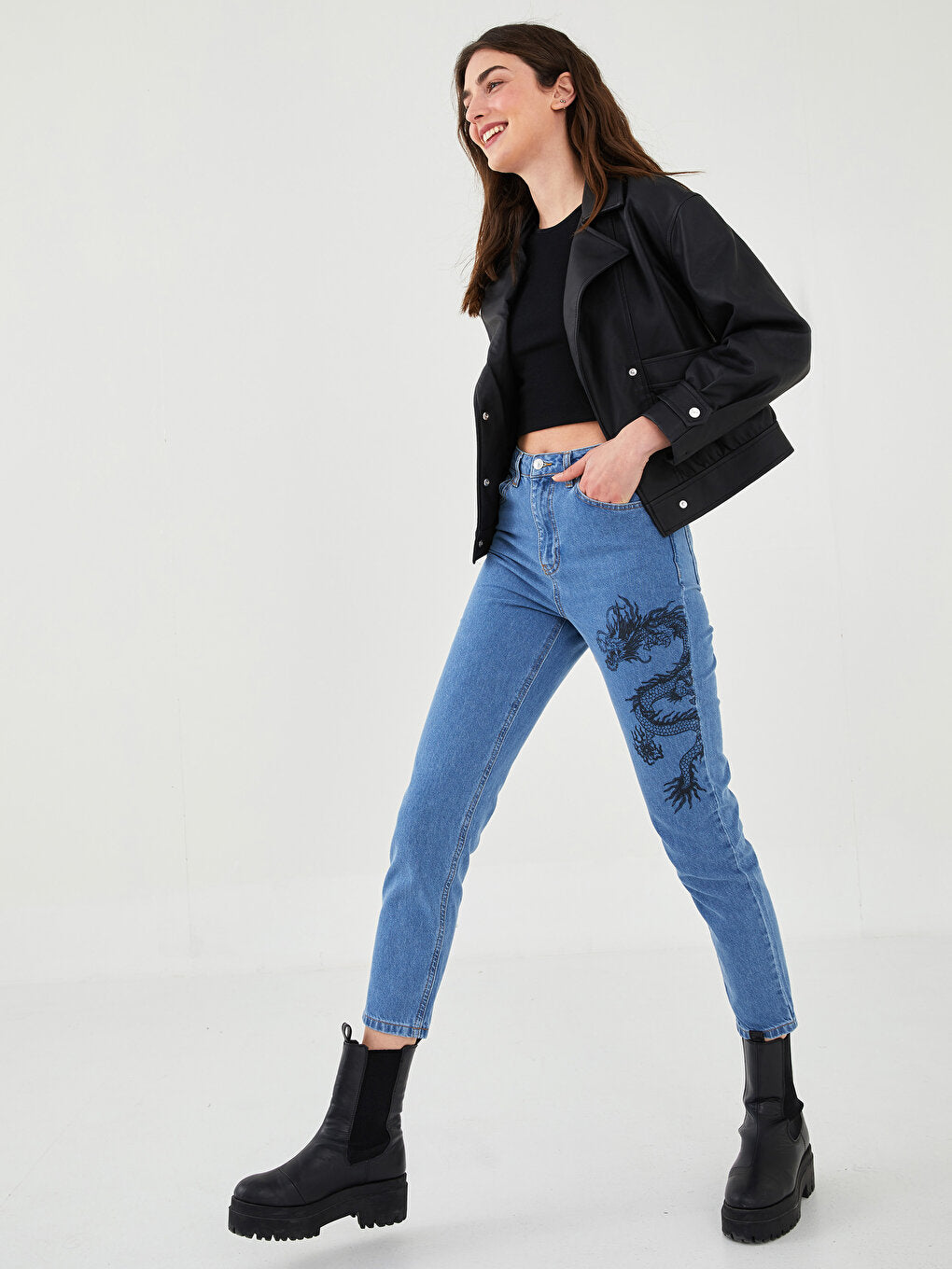 Comfortable Fit Printed Pocket Detailed Women's Jean Trousers