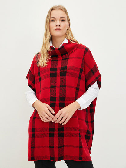 Turtleneck Plaid Women's Knitwear Poncho