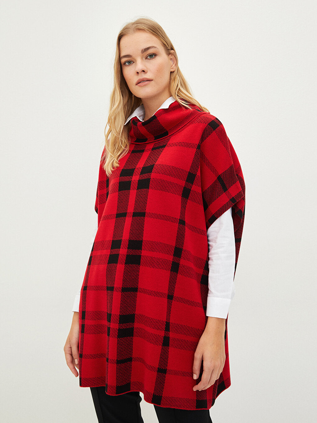 Turtleneck Plaid Women's Knitwear Poncho