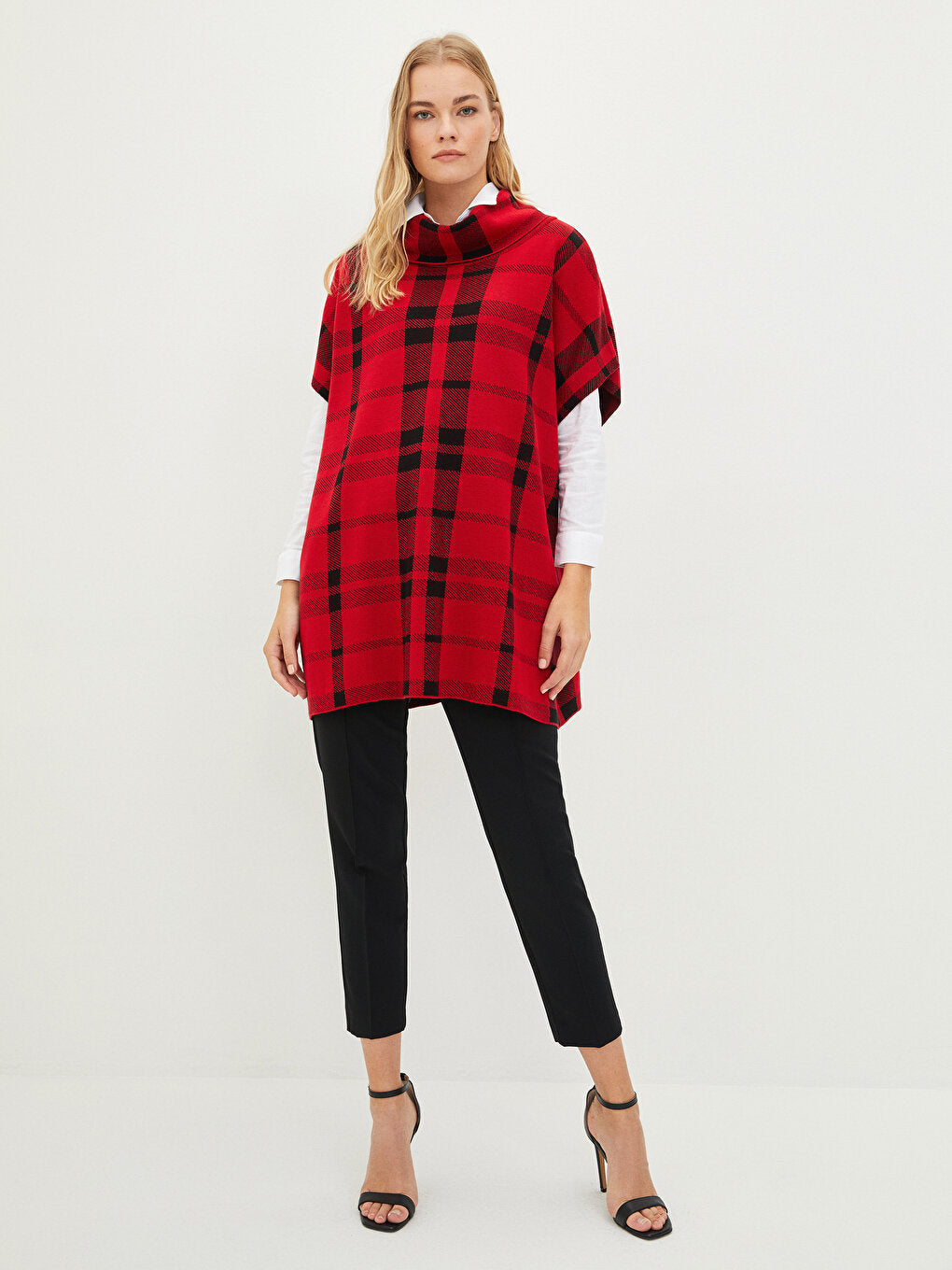 Turtleneck Plaid Women's Knitwear Poncho