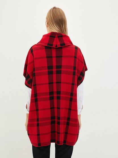 Turtleneck Plaid Women's Knitwear Poncho