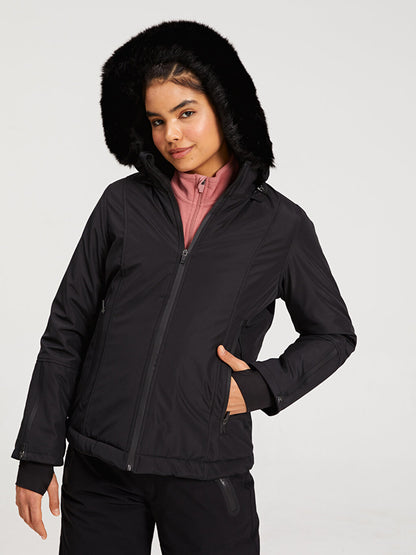 Hooded Fur Detailed Plain Long Sleeve Women's Outdoor Ski Coat