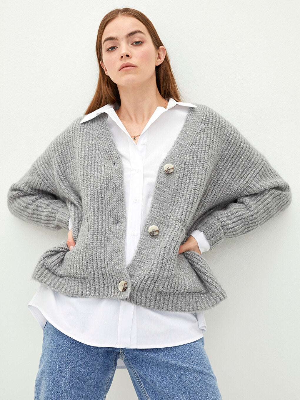 V-Neck Plain Long Sleeve Women's Knitwear Cardigan