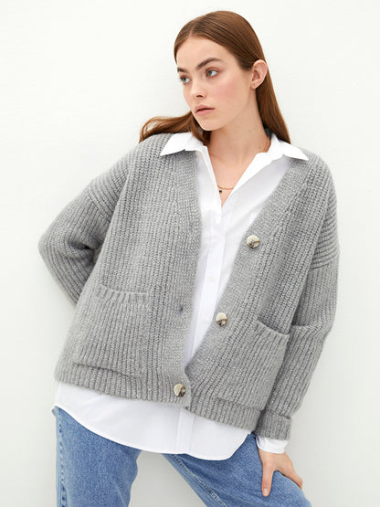 V-Neck Plain Long Sleeve Women's Knitwear Cardigan