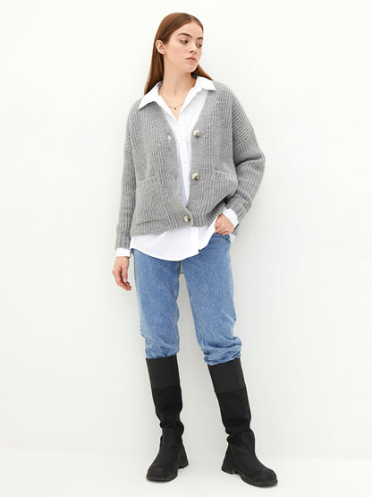 V-Neck Plain Long Sleeve Women's Knitwear Cardigan