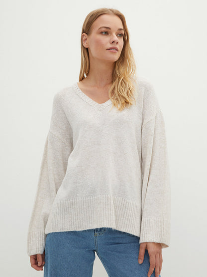 V-Neck Plain Long Sleeve Women's Knitwear Sweater