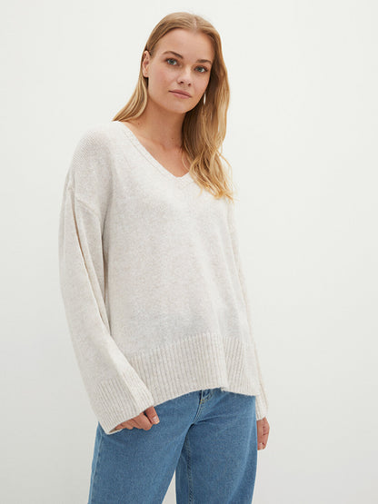 V-Neck Plain Long Sleeve Women's Knitwear Sweater