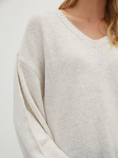 V-Neck Plain Long Sleeve Women's Knitwear Sweater