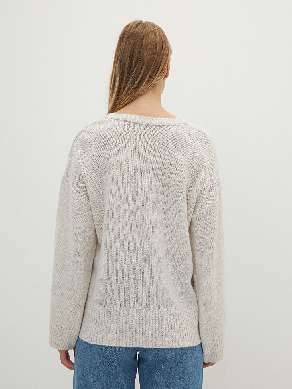 V-Neck Plain Long Sleeve Women's Knitwear Sweater