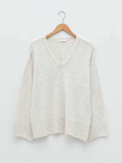 V-Neck Plain Long Sleeve Women's Knitwear Sweater