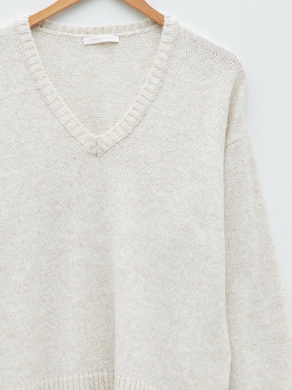 V-Neck Plain Long Sleeve Women's Knitwear Sweater