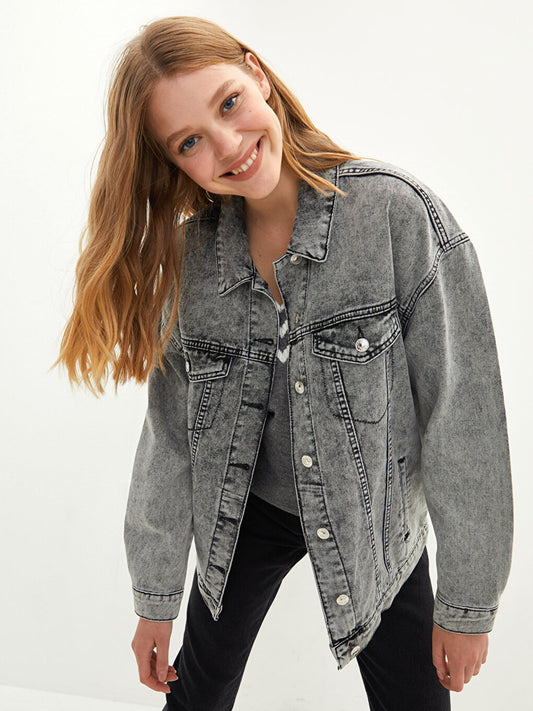 Front Button Closure Plain Long Sleeve Pocket Detailed Oversize Women's Rodeo Jean Jacket