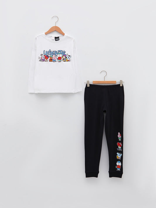 Crew Neck BT21 Printed Long Sleeve Girl's Pajama Set