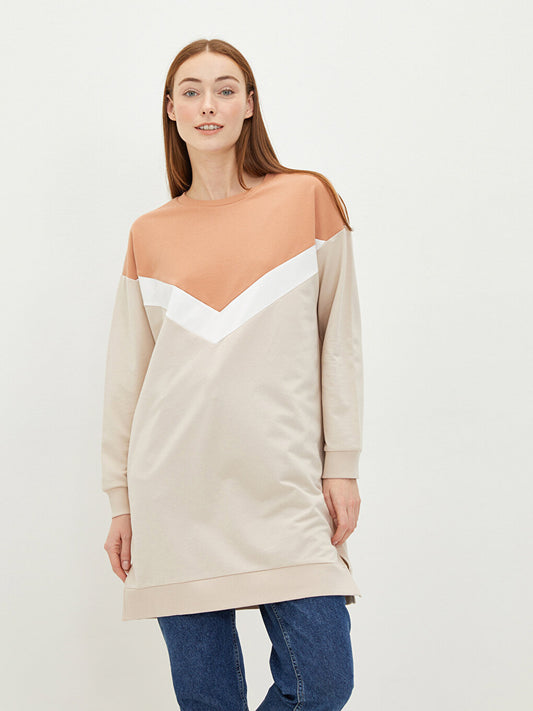 Crew Neck Color Blocked Long Sleeve Women's Sweatshirt Tunic