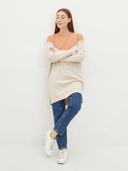 Crew Neck Color Blocked Long Sleeve Women's Sweatshirt Tunic