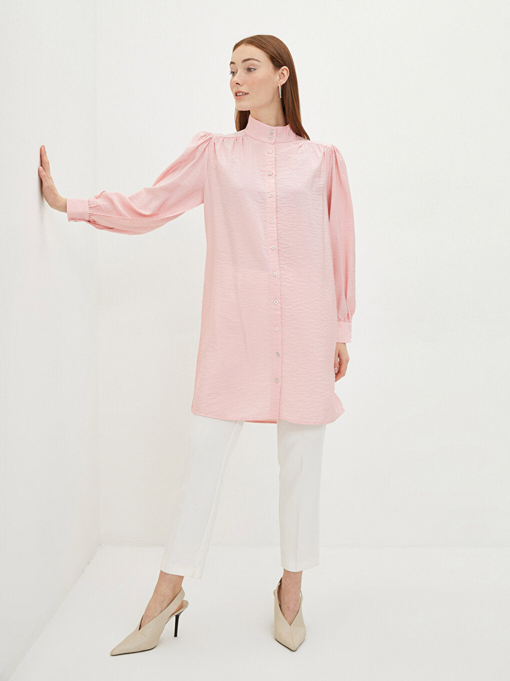 High Collar Plain Long Sleeve Poplin Women's Tunic