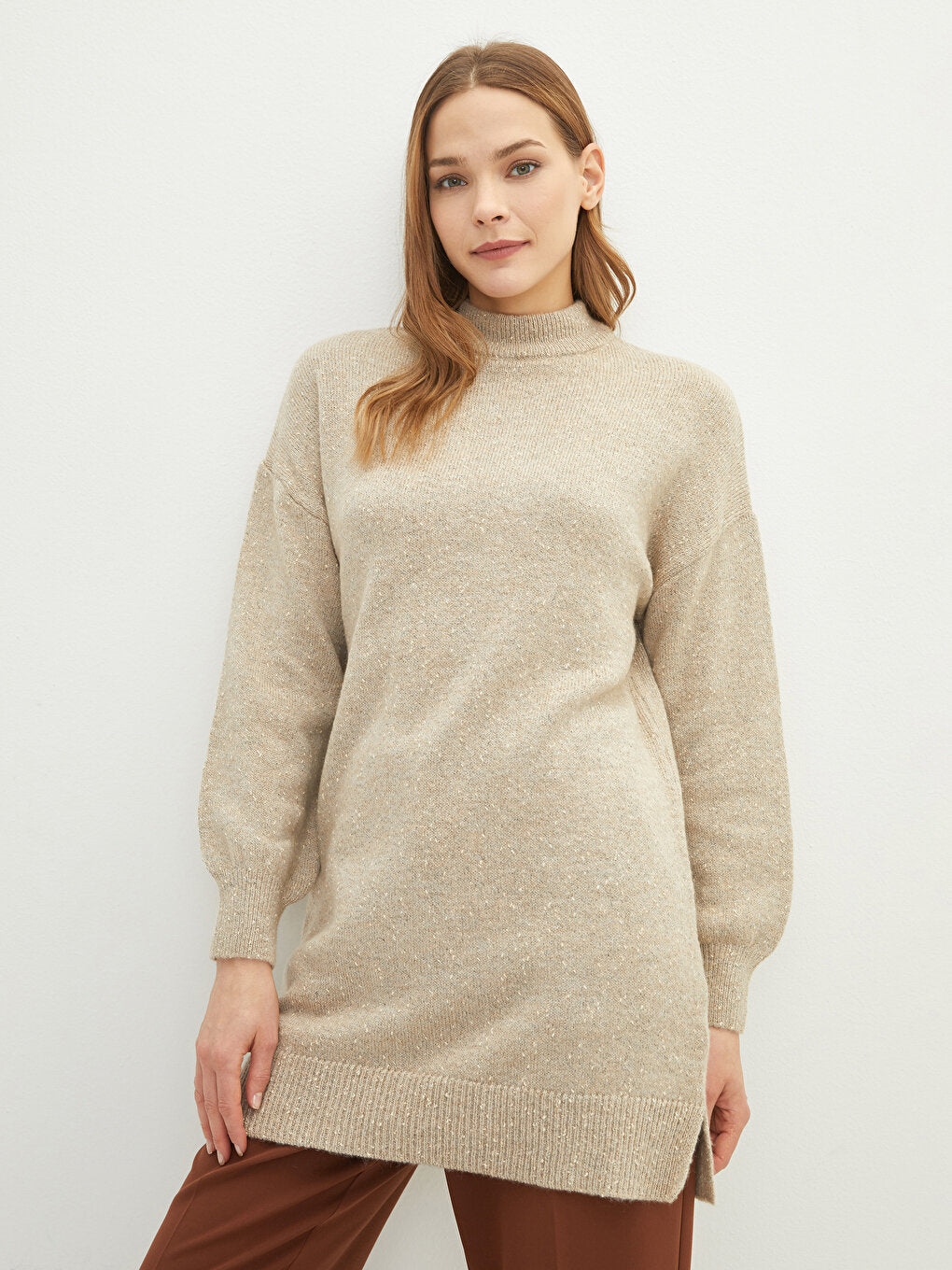 High Collar Plain Long Sleeve Women's Knitwear Tunic