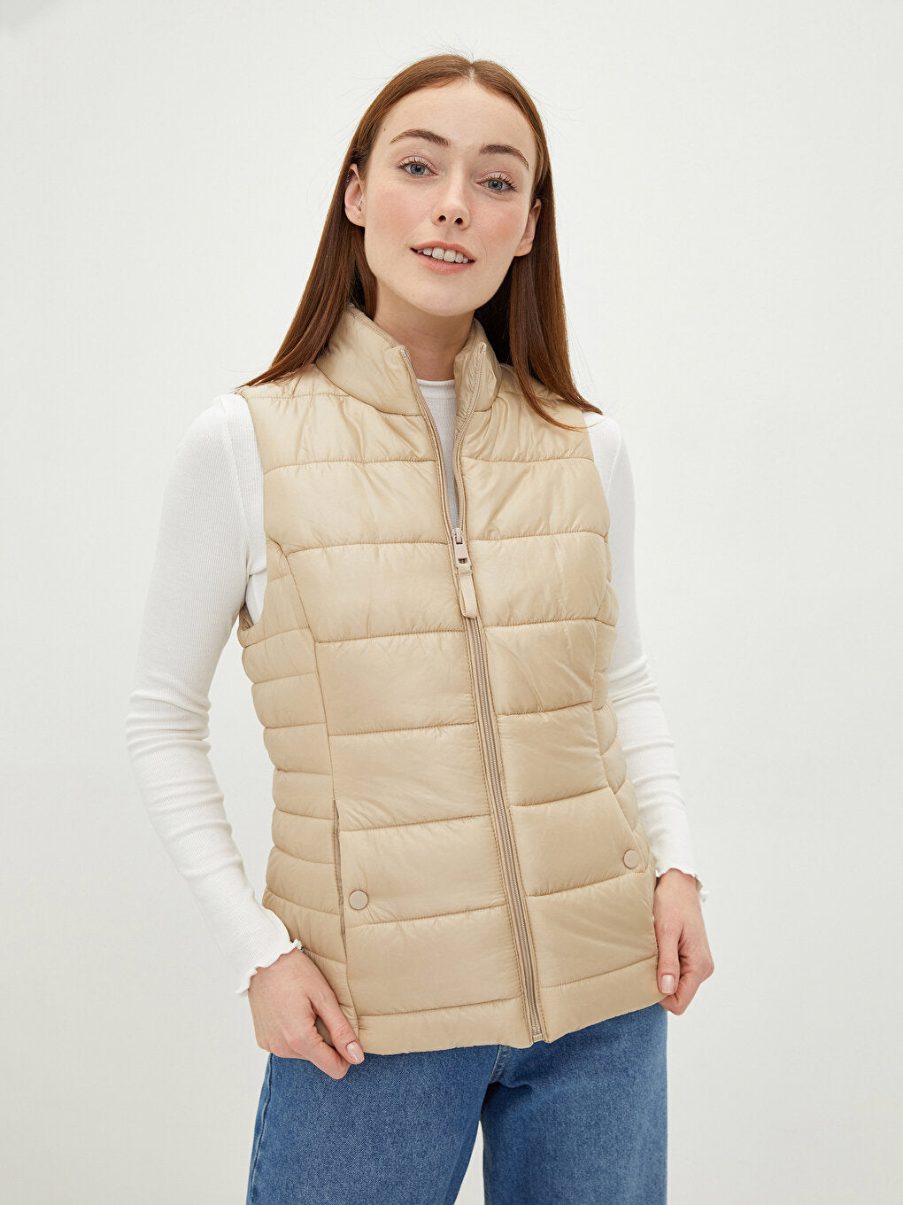 Stand-up Collar Flat Pocket Detailed Women's Puffer Vest