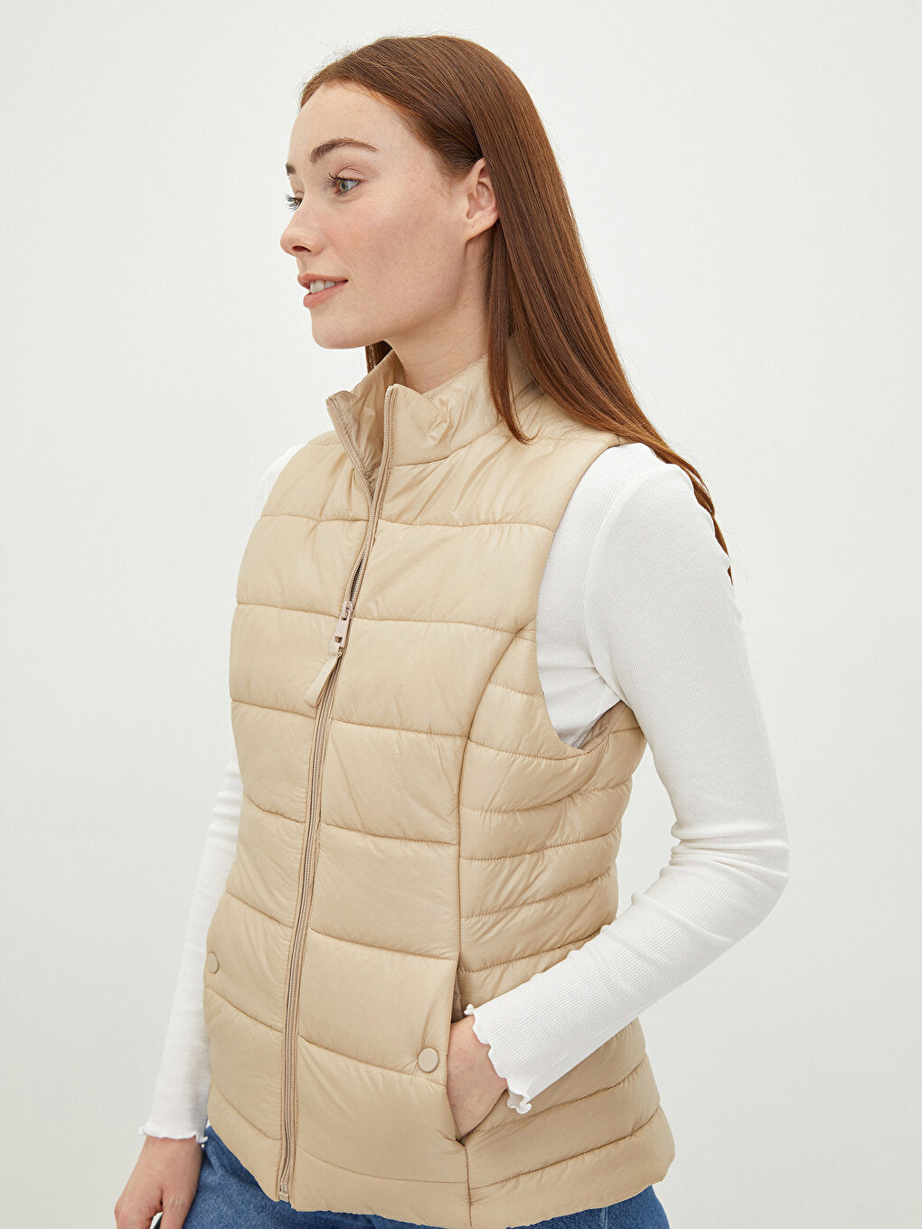 Stand-up Collar Flat Pocket Detailed Women's Puffer Vest