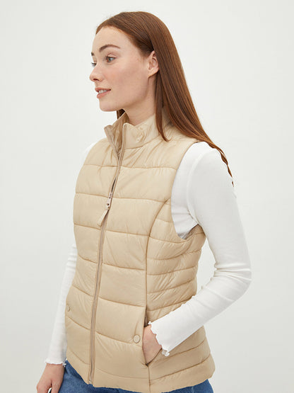 Stand-up Collar Flat Pocket Detailed Women's Puffer Vest